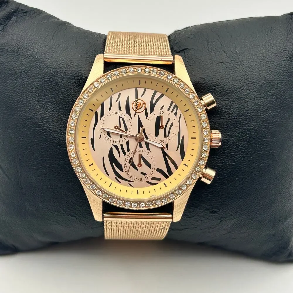 Animal Print Crystal and Gold Metal Face Watch Gold Mesh Band